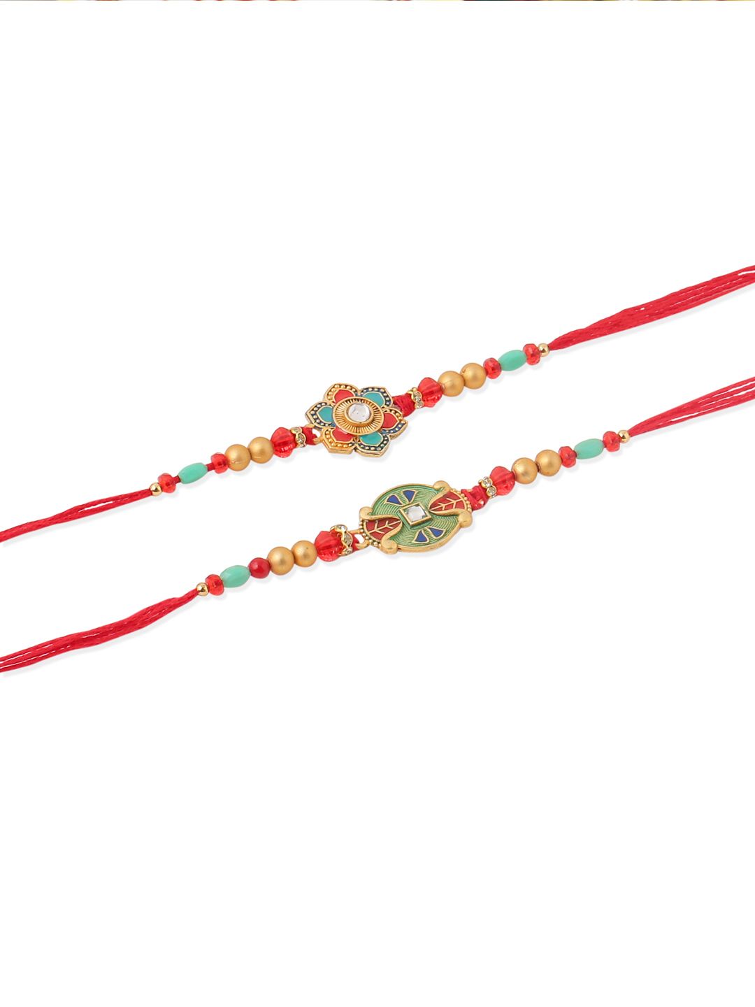 NVR Unisex Set of 2 Artificial Stones & Beads Thread Rakhi With Roli Chawal Chandan Mishri