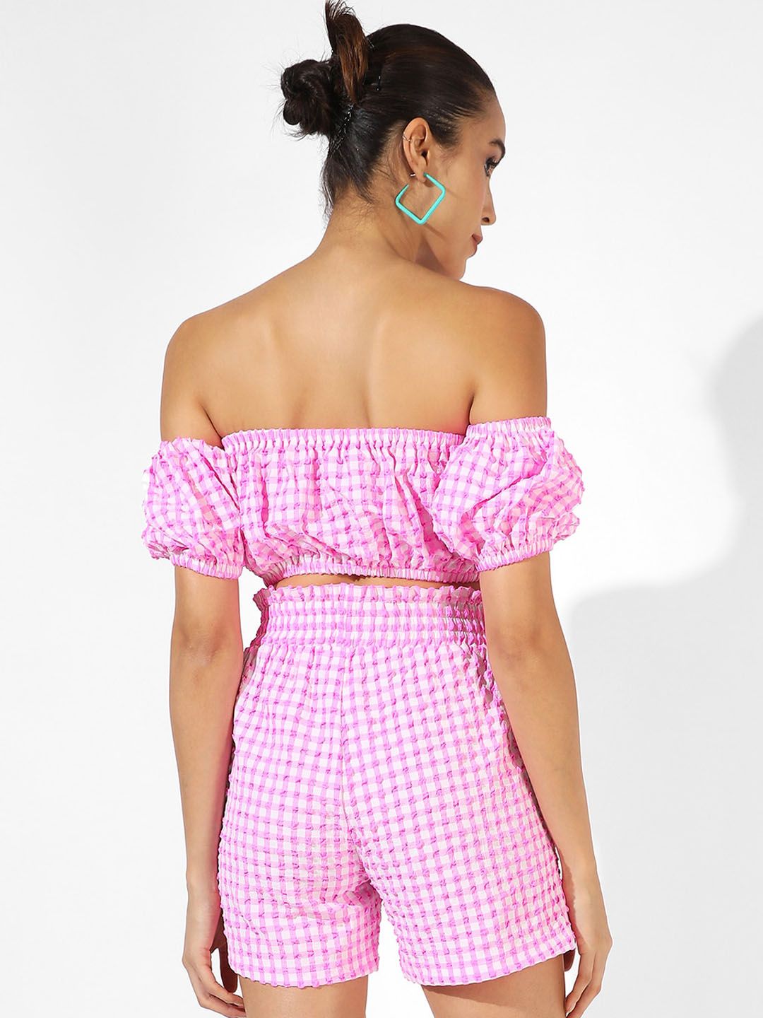 Campus Sutra Gingham Strapless Crop Top With Shorts