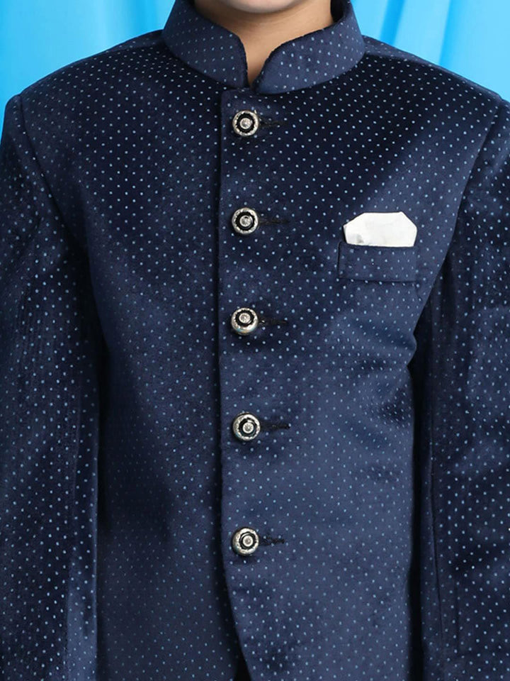 VASTRAMAY Boys Polka Dot Printed Velvet Slim Fit Velvet Bandhgala Blazer
