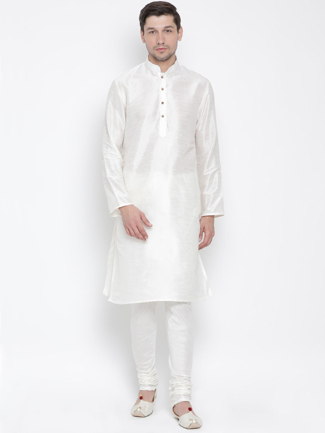 VASTRAMAY Men Cream-Coloured Solid Straight Kurta