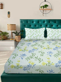 Moda Rapido X KLOTTHE Green & Blue Floral 300 TC King Bedsheet with 2 Pillow Covers