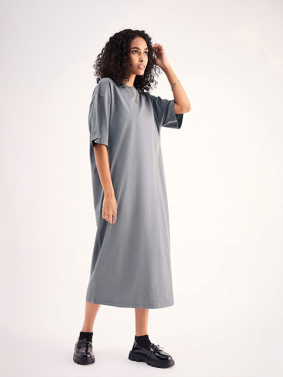 SASSAFRAS BASICS Grey Drop Shoulder Sleeves Pure Cotton Oversized T-shirt Midi Dress