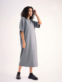 SASSAFRAS BASICS Grey Drop Shoulder Sleeves Pure Cotton Oversized T-shirt Midi Dress
