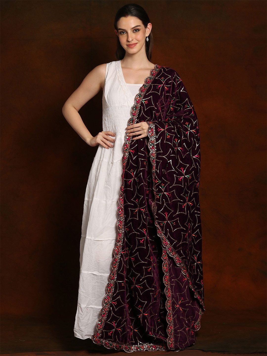 Exotic India Burgundy Velvet Dupatta with Zari and Sequinned Diamond Pattern