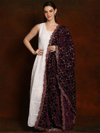 Exotic India Burgundy Velvet Dupatta with Zari and Sequinned Diamond Pattern