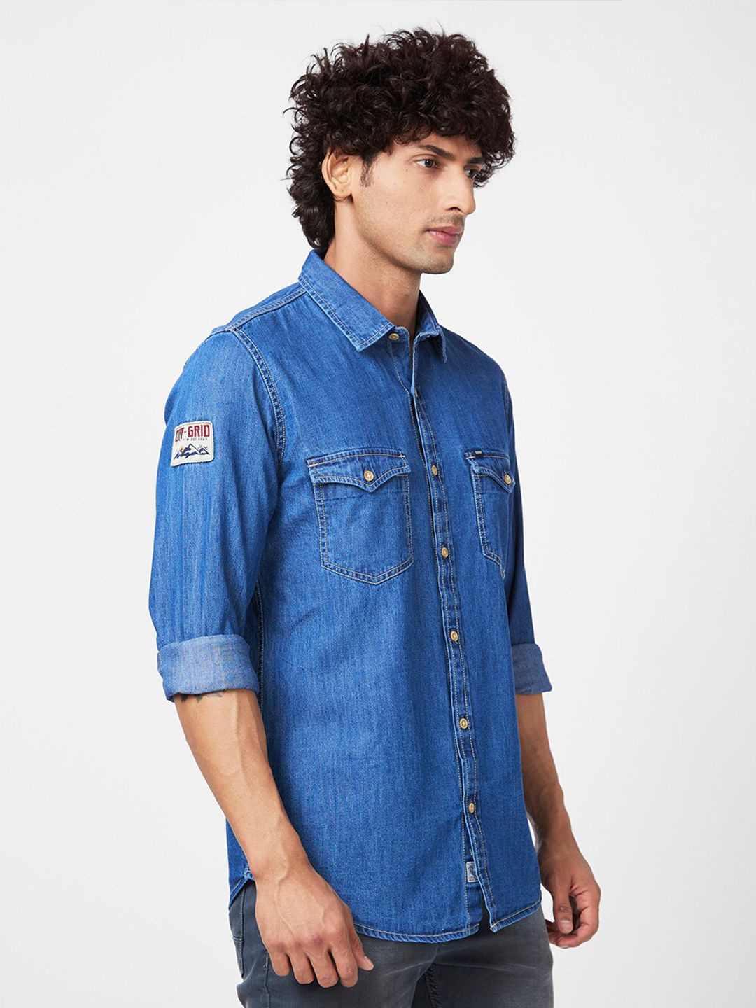 SPYKAR Graphic Printed Slim Fit Opaque Denim Casual Shirt