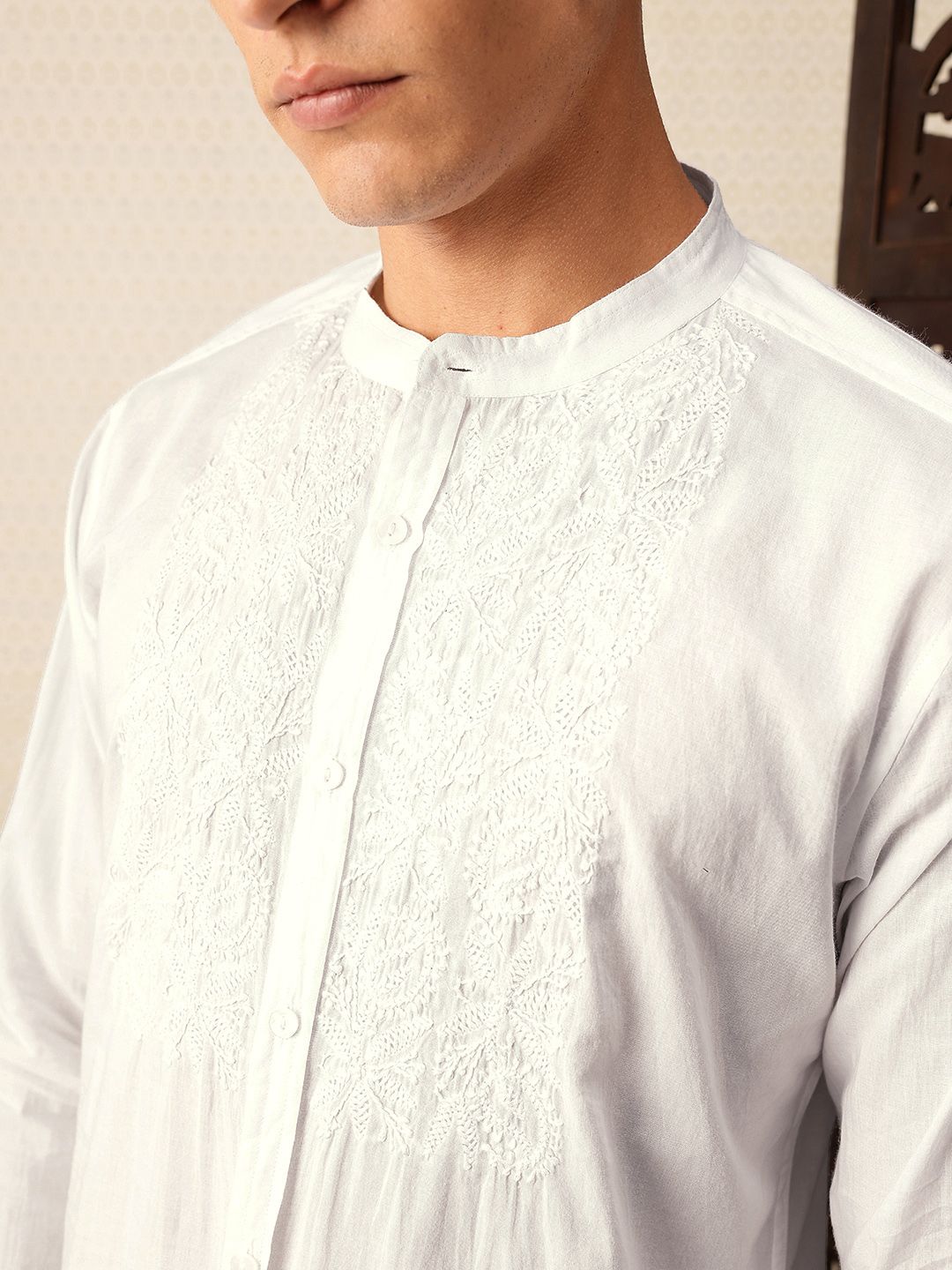 House of Pataudi Embroidered Band Collar Pure Cotton Jashn Shirt