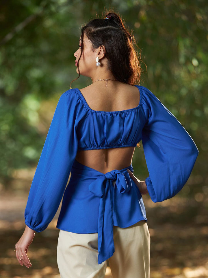 SASSAFRAS Cuffed Sleeves Tie-up Ruched Styled Back Top