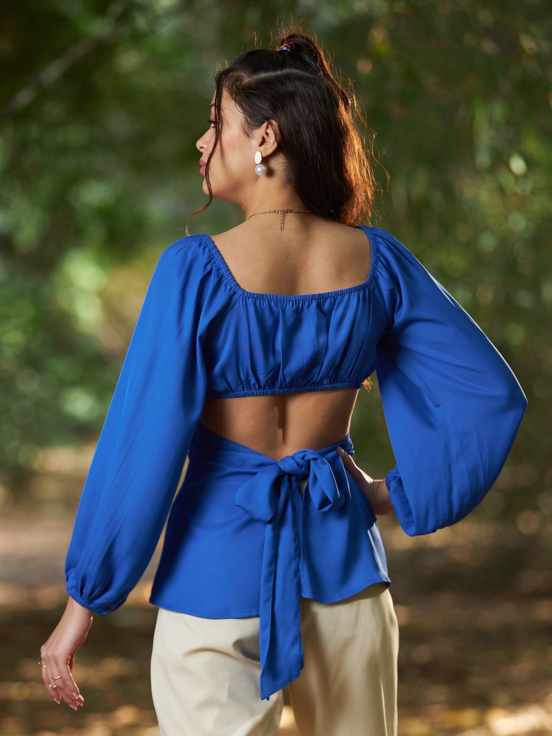 SASSAFRAS Cuffed Sleeves Tie-up Ruched Styled Back Top