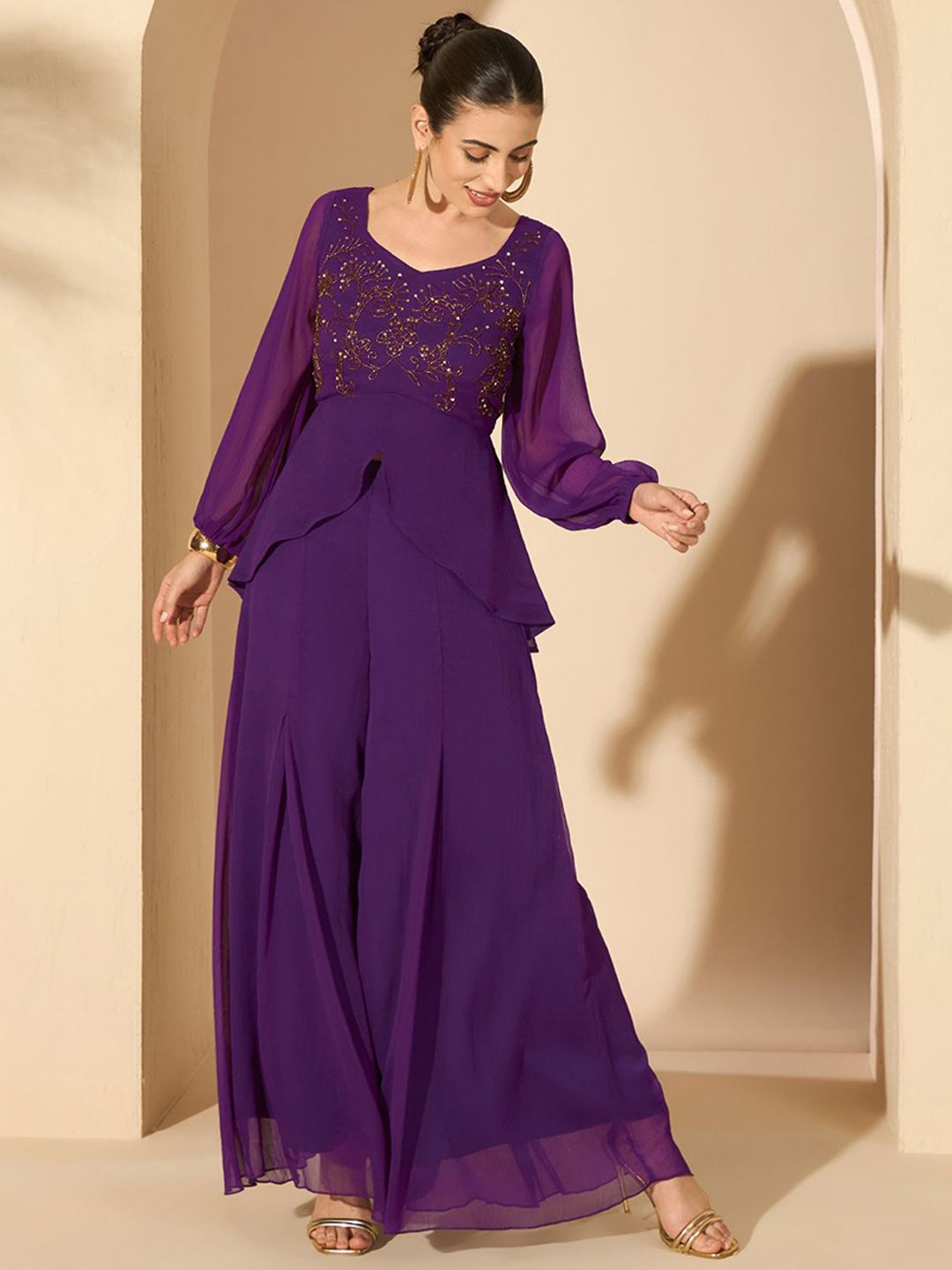 Antheaa Purple Embellished V-Neck Top & Palazzo