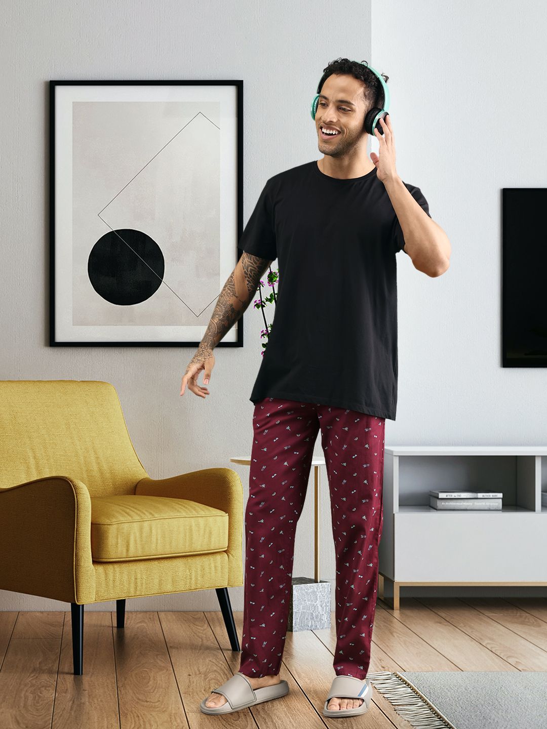 The Indian Garage Co Men's Burgundy and Blue Printed Pure Cotton Lounge Pants