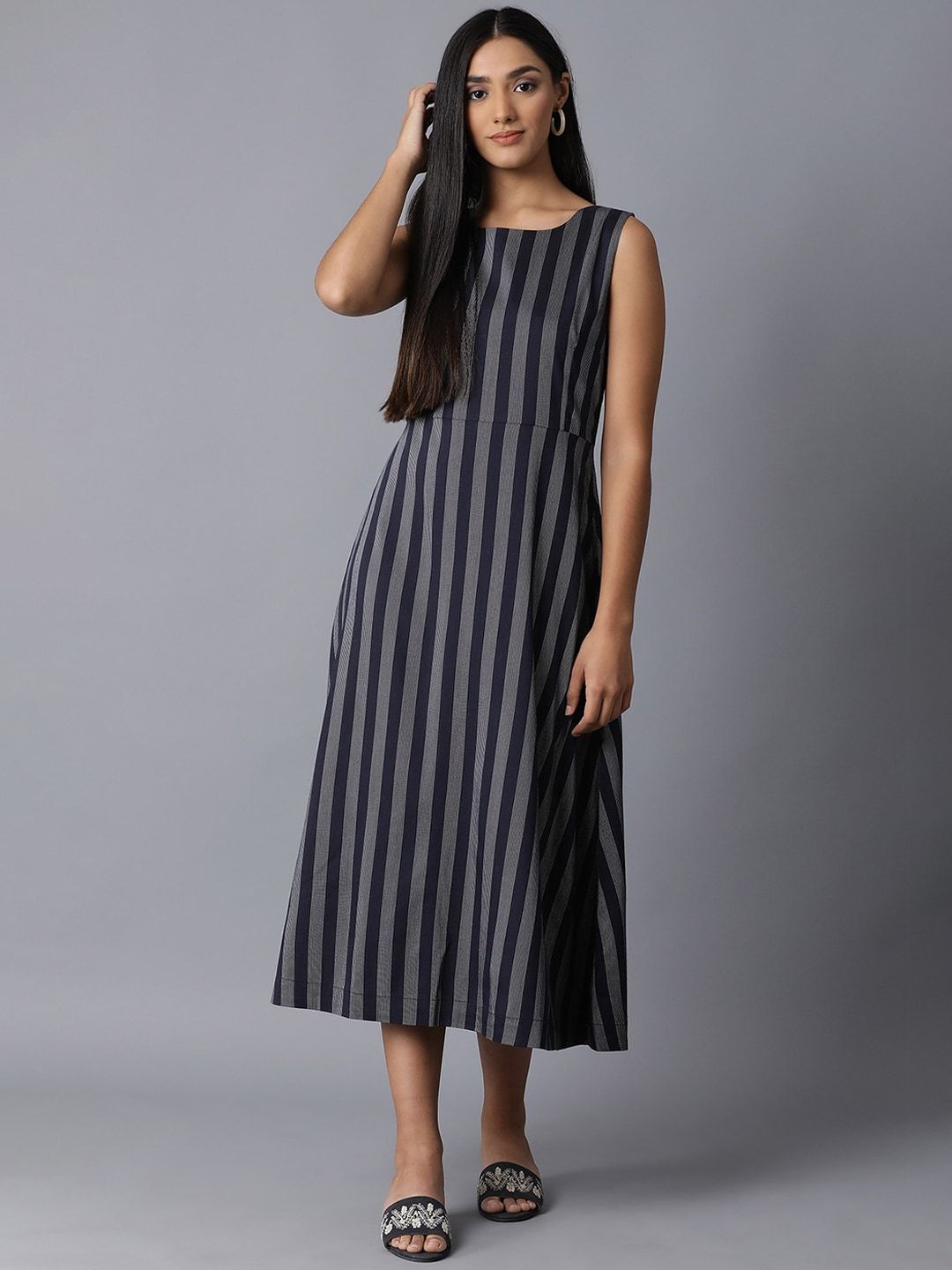 W Women Navy Blue Striped A-Line Dress
