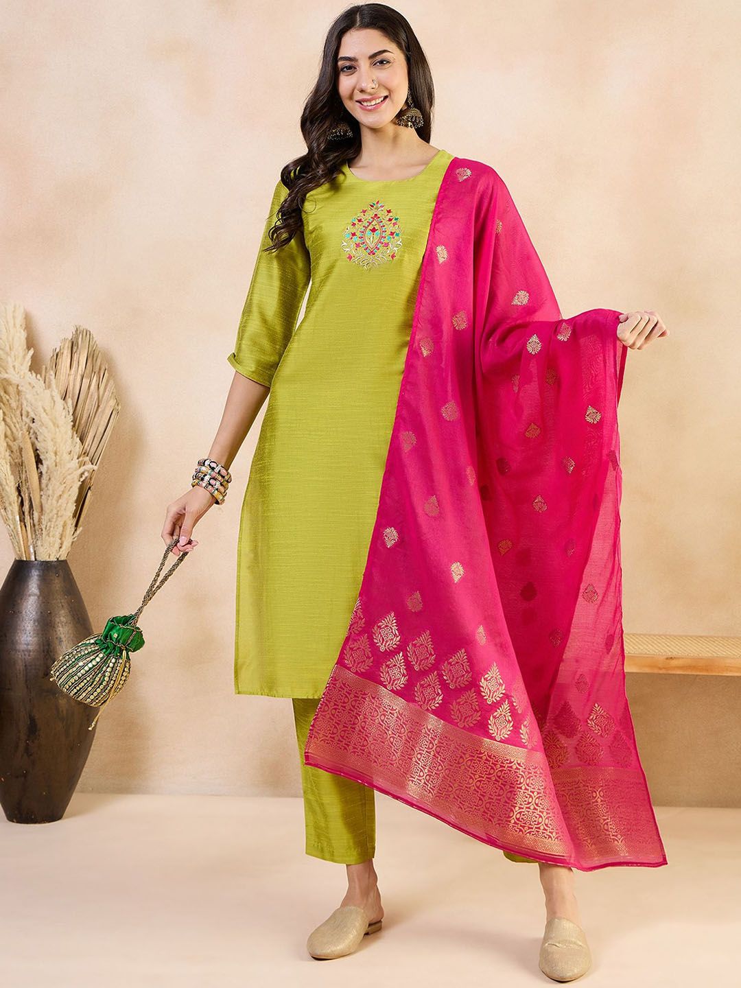 Anouk Green Floral Yoke Design Straight Kurta With Trousers & Dupatta