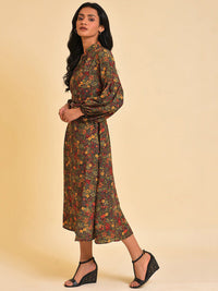 W Black Floral Printed Puff Sleeve A-Line Midi Dress