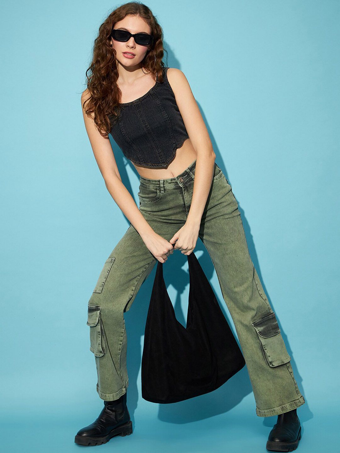 STREET 9 Women Green Heavy Fade Clean Look High-Rise Pure Cotton Wide Leg Cargos