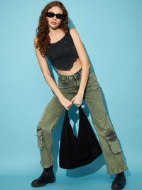STREET 9 Women Green Heavy Fade Clean Look High-Rise Pure Cotton Wide Leg Cargos