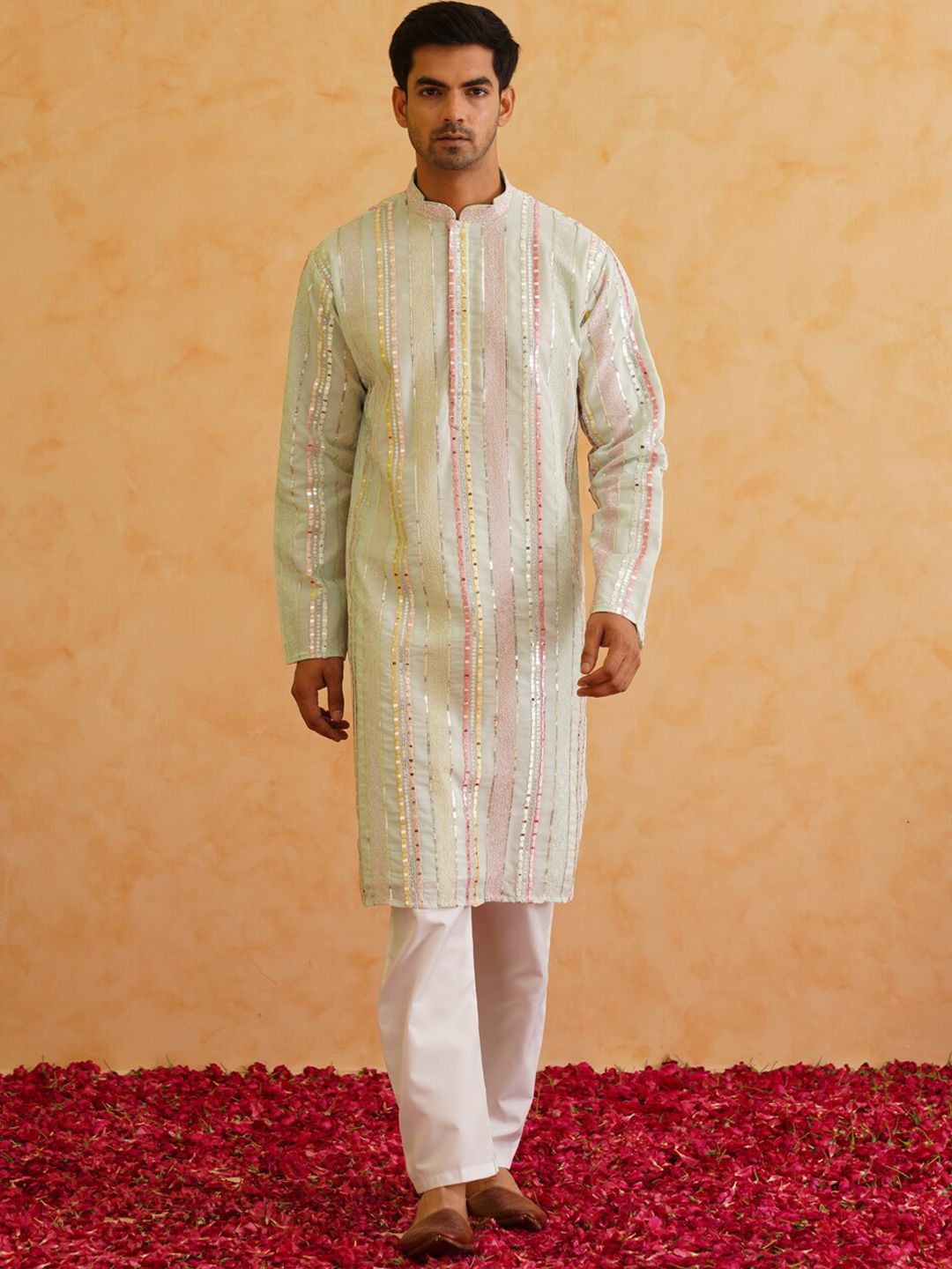 SOJANYA LUXE Kurta Lurus Kolar Mandarin Berjalur Sulam dengan Piyama