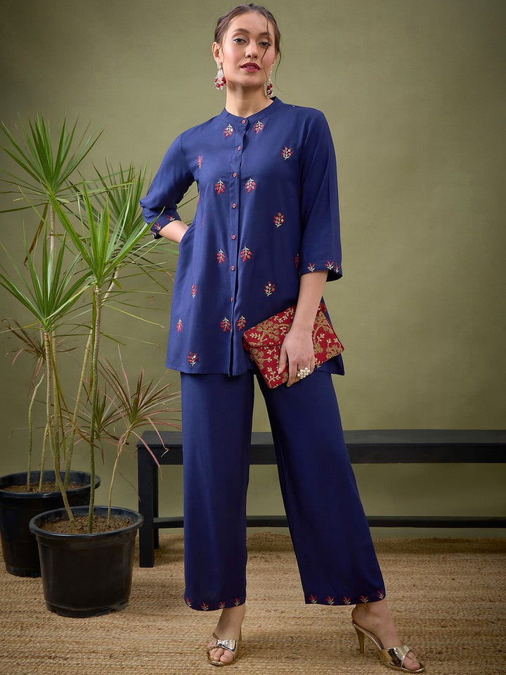 Shae by SASSAFRAS Blue Embroidered Shirt With Palazzos Co-Ords