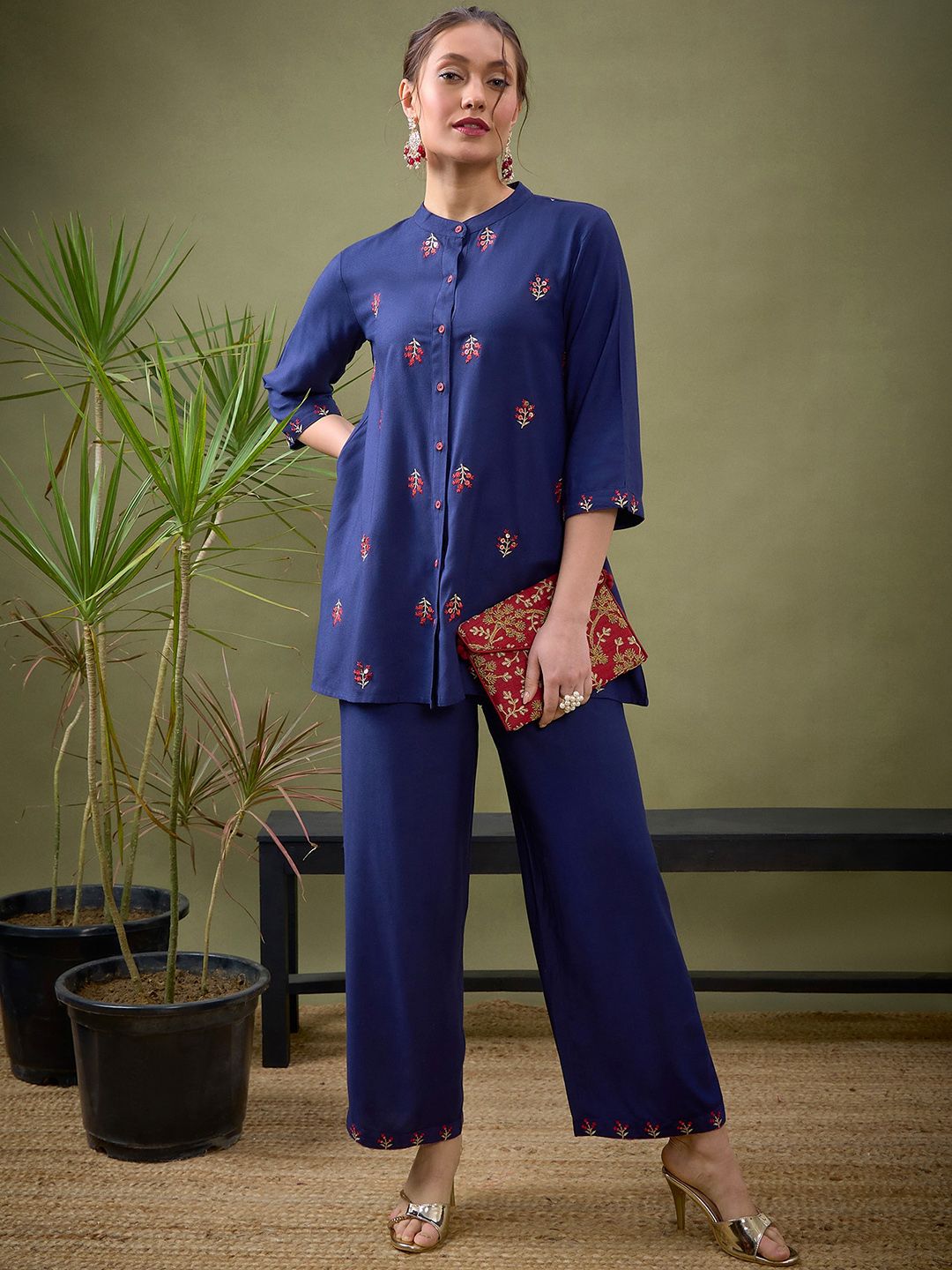Shae by SASSAFRAS Blue Embroidered Shirt With Palazzos Co-Ords