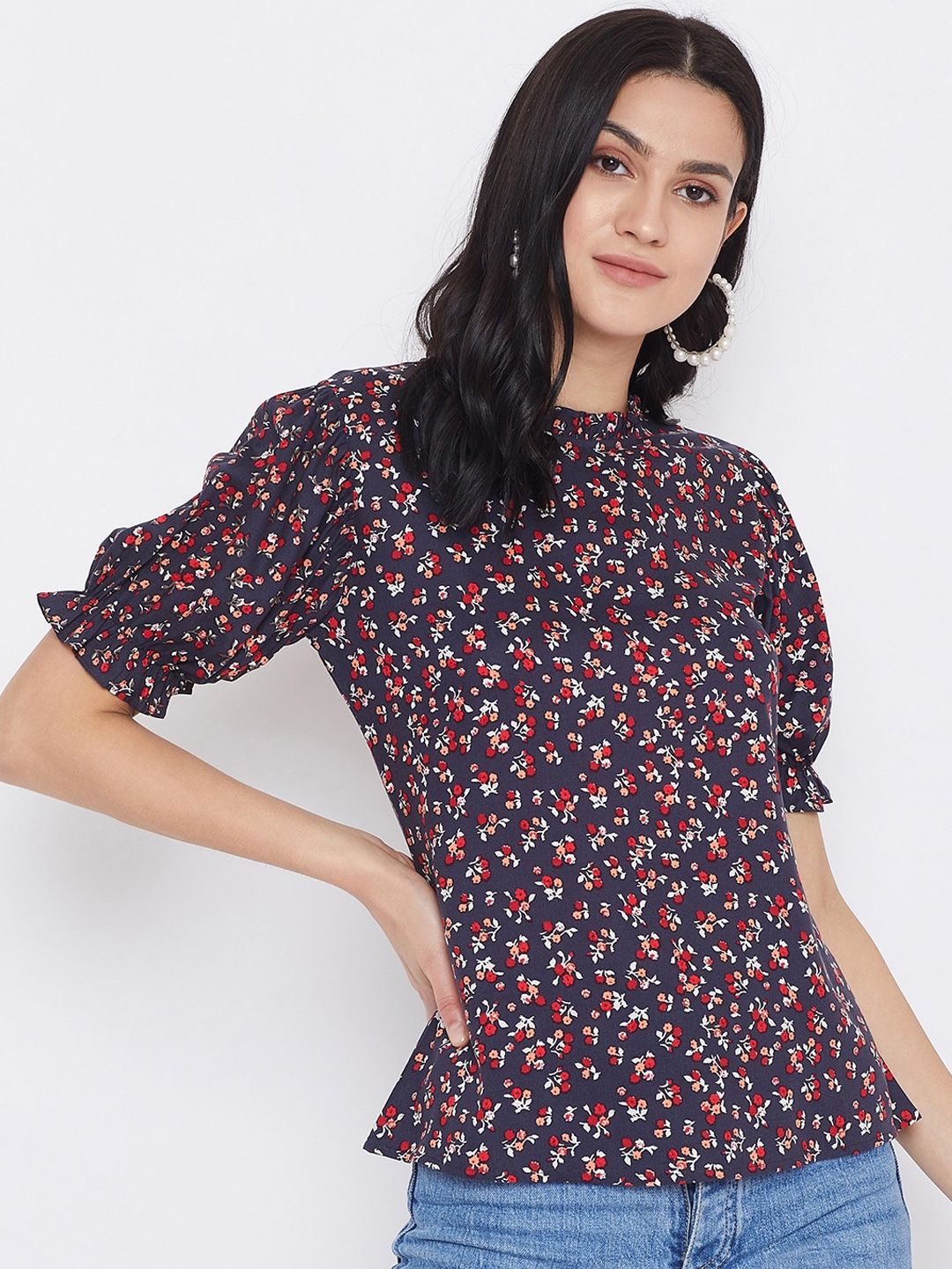 Berrylush Navy Blue Floral Printed Top With Puff Sleeves