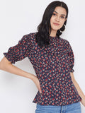 Berrylush Navy Blue Floral Printed Top With Puff Sleeves