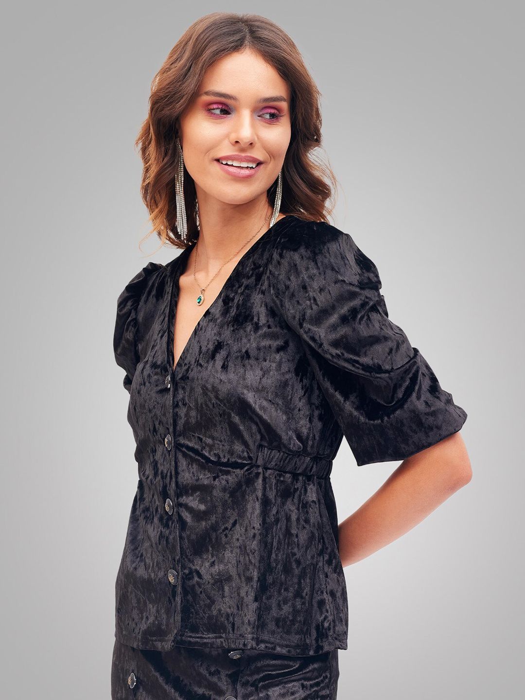 SASSAFRAS Black Abstract Printed Puffed Sleeves Velvet Front Button Top