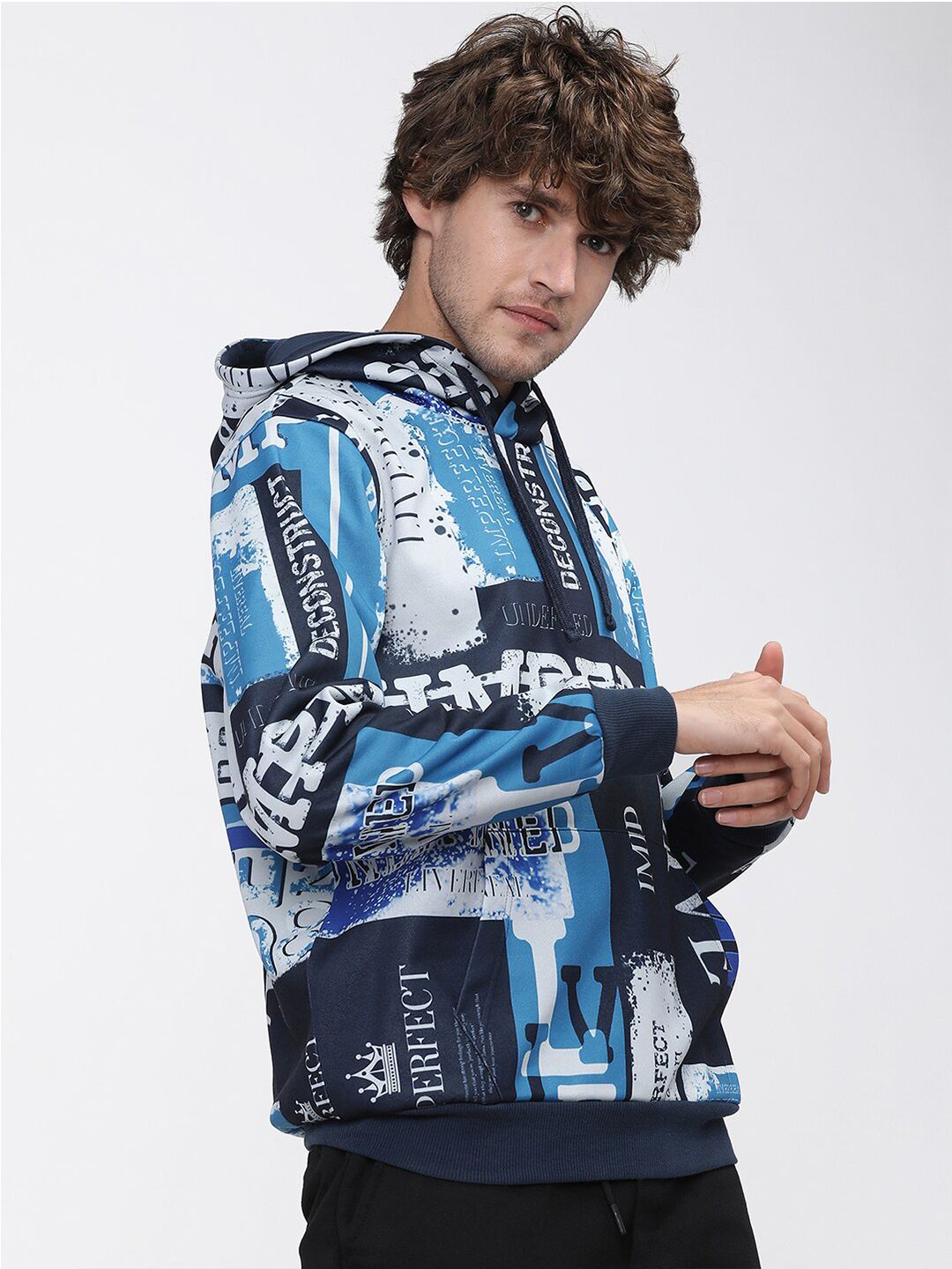 HIGHLANDER Men Blue & White Printed Hooded Sweatshirt