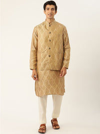 SOJANYA Set Kurta Motif Etnik Beige Lelaki Dengan Jaket Nehru