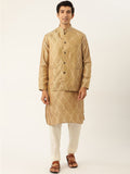 SOJANYA Set Kurta Motif Etnik Beige Lelaki Dengan Jaket Nehru