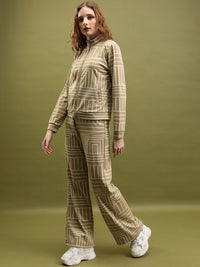 Tokyo Talkies Tan & White Geometric Printed High Neck Sweatshirt With Trouser