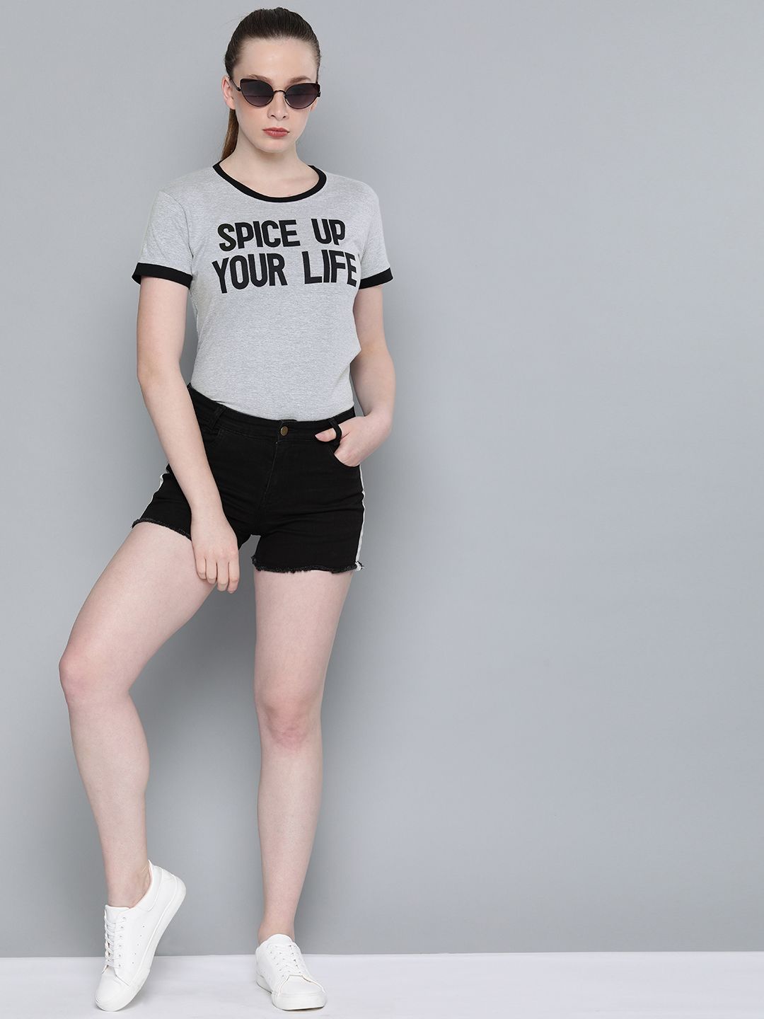 DILLINGER Women Grey Melange  Black Printed Round Neck Regular Fit Pure Cotton T-shirt