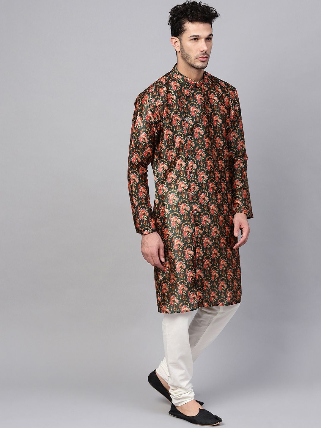 SOJANYA Men Green & Pink Printed Straight Kurta