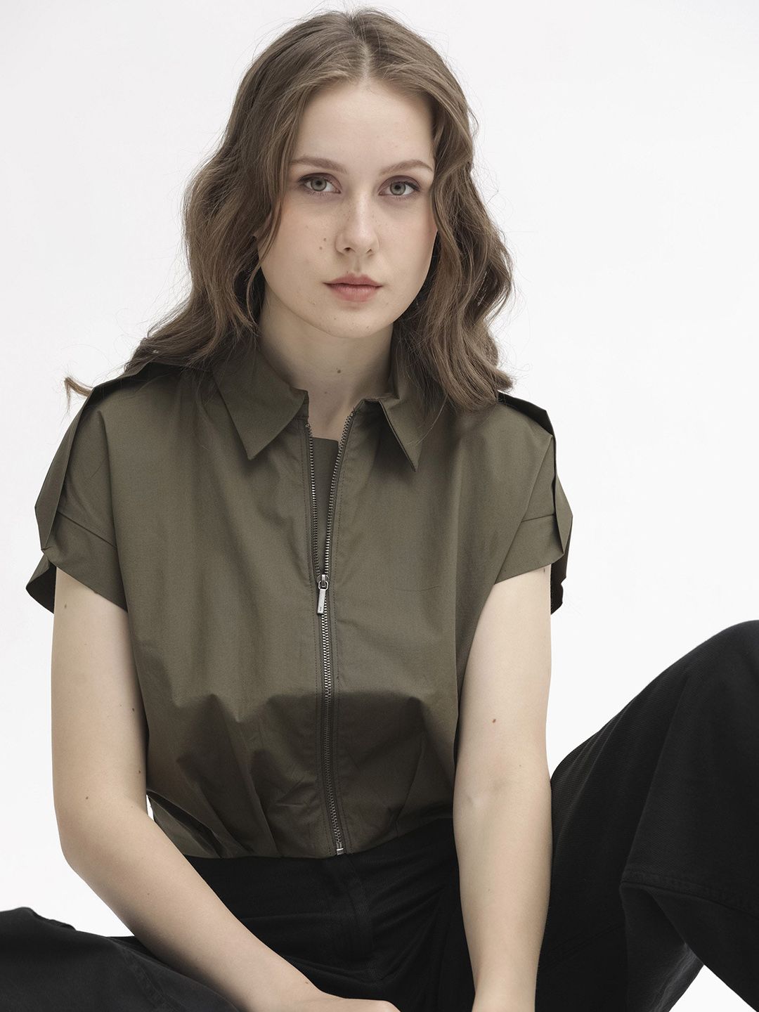 RAREISM Shirt Collar Extended Sleeves Crop Shirt Style Cotton Top