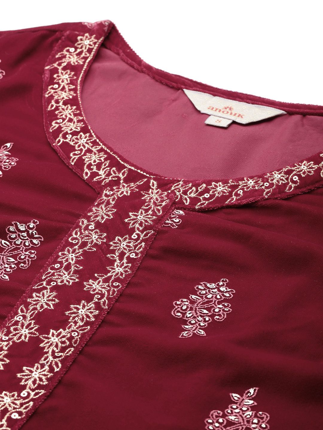 Anouk Ethnic Print Velvet-Finish Regular Kurti with Trouser