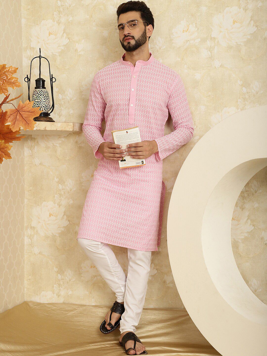 SOJANYA Ethnic Motifs Embroidered Regular Thread Work Pure Cotton Kurta with Churidar