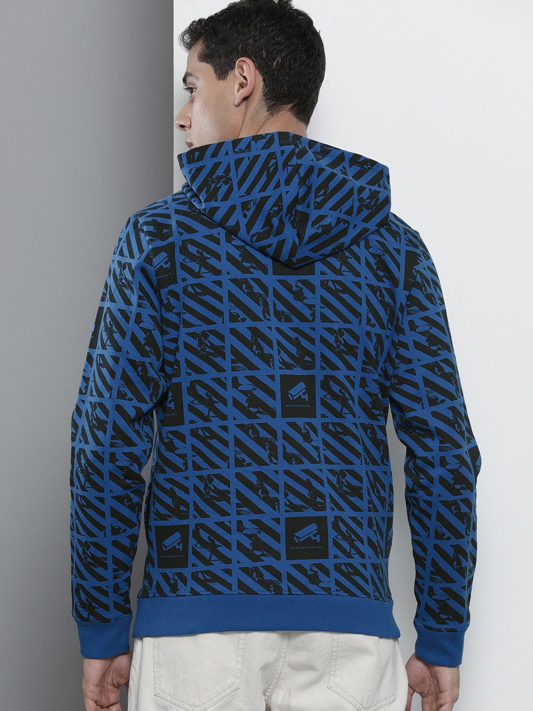 The Indian Garage Co Men Blue & Black Printed Hooded Sweatshirt