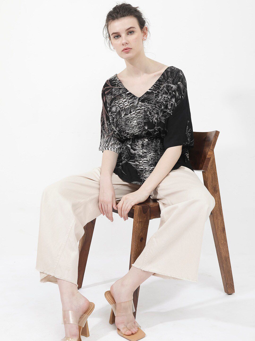 RAREISM Printed Kimono Sleeve V-Neck Cinched Waist Top