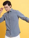 HIGHLANDER Grey Slim Fit Striped Casual Cotton Shirt