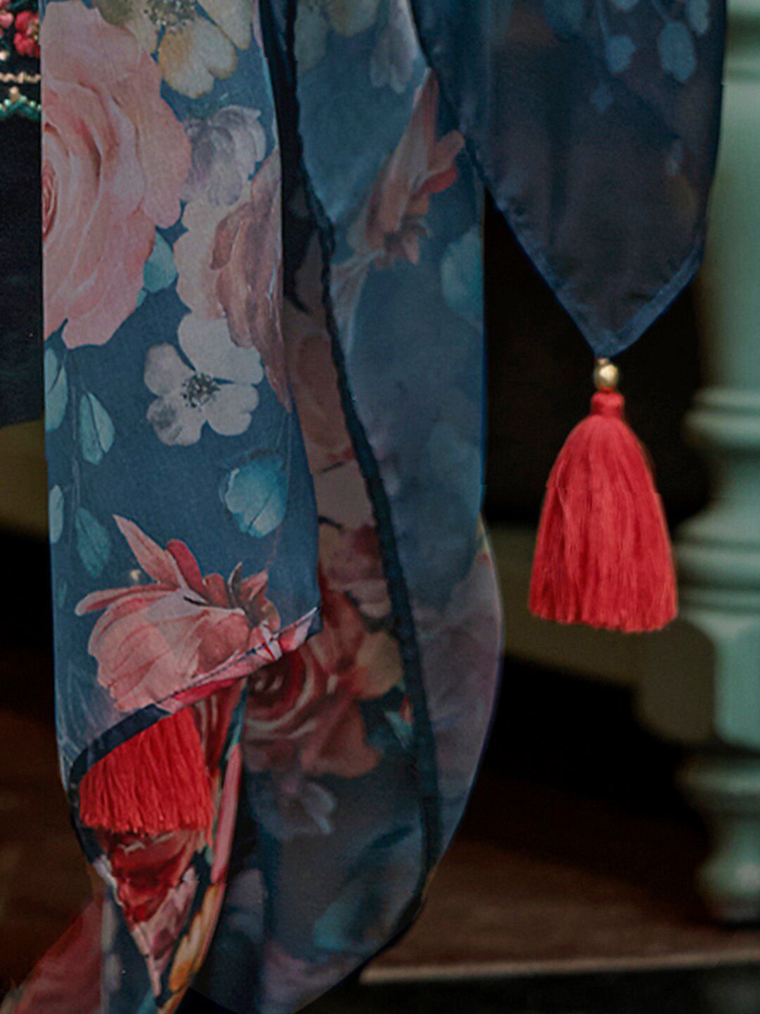 Indo Era Floral Embroidered Panelled Thread Work A-Line Kurta With Trousers & Dupatta