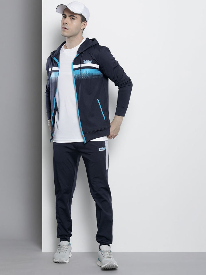 The Indian Garage Co Men Navy Blue Striped Sweatshirt with Joggers