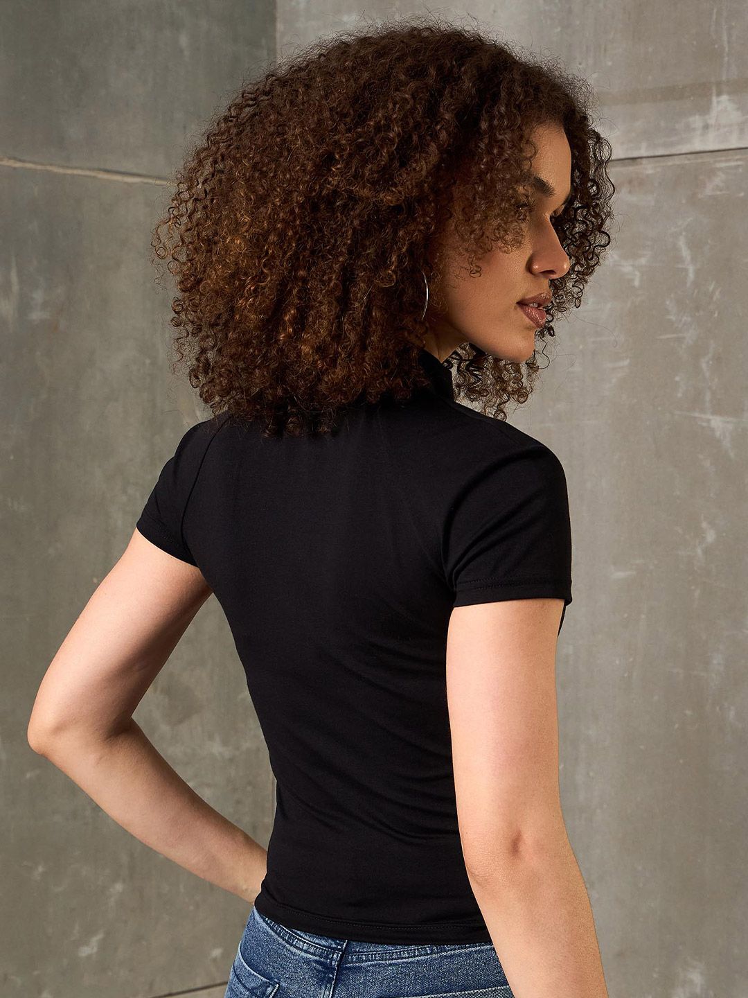SASSAFRAS Women Typography Printed High Neck Pockets Slim Fit T-shirt