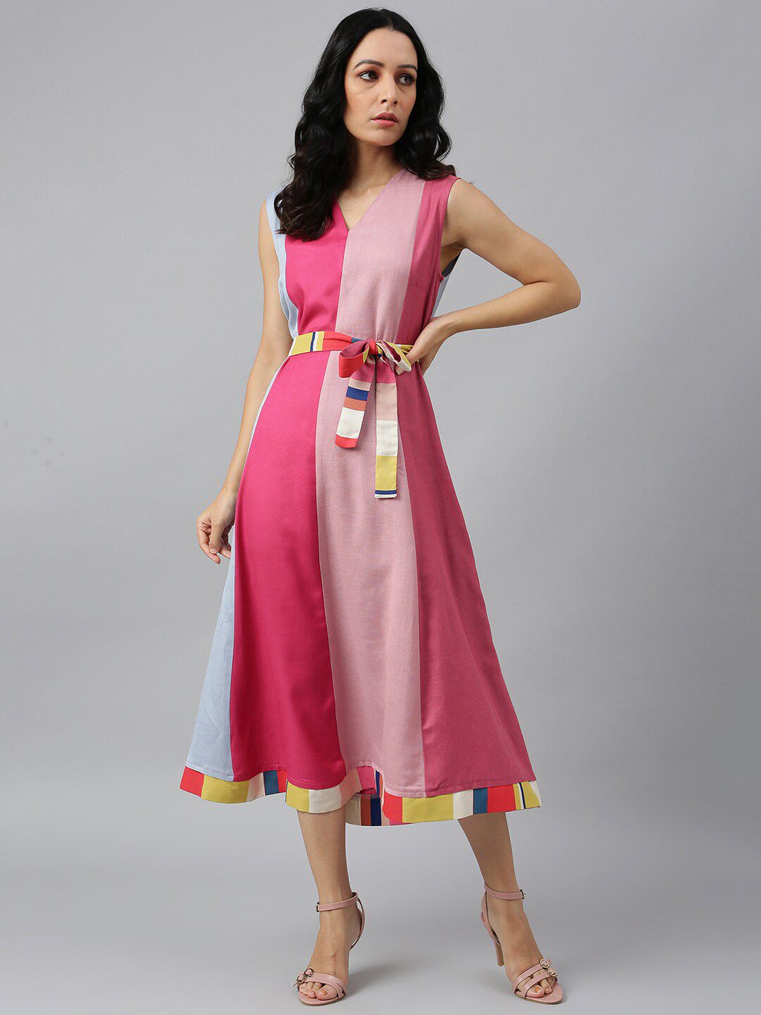W Pink Colourblocked Midi Dress