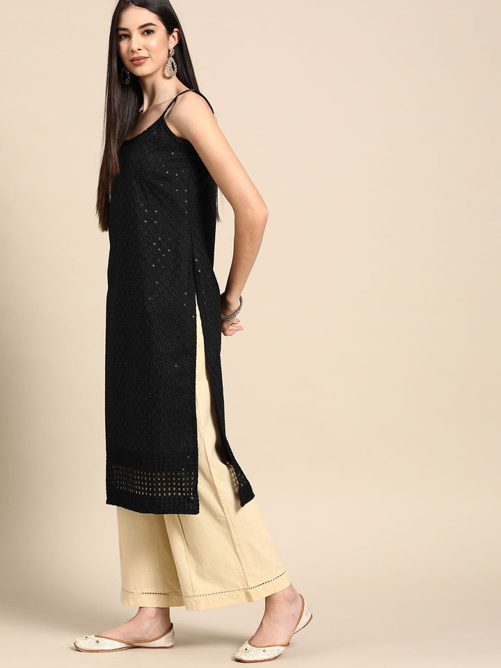 Anouk Women Black Cotton Ethnic Motifs Schiffli Embroidered Fusion Kurta