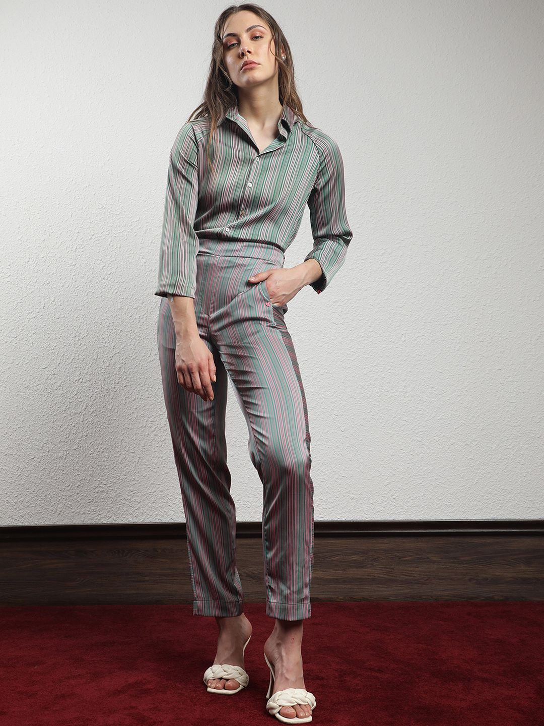 RAREISM Women Slim Fit Striped High-Rise Trousers