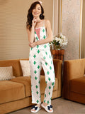 STREET 9 White & Green Conversational Printed Shoulder Straps Top & Trousers