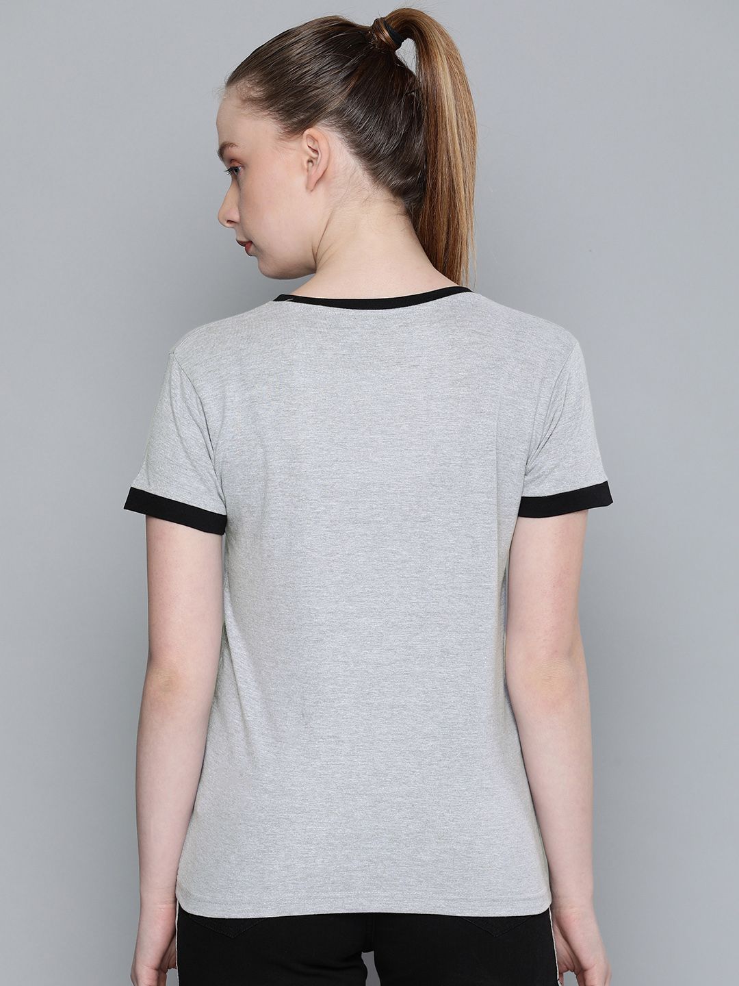 DILLINGER Women Grey Melange  Black Printed Round Neck Regular Fit Pure Cotton T-shirt
