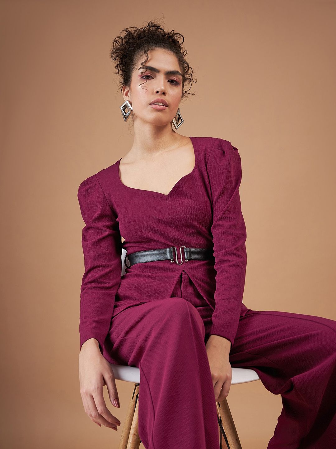 SASSAFRAS Maroon Puffed Slevees Top With Trousers