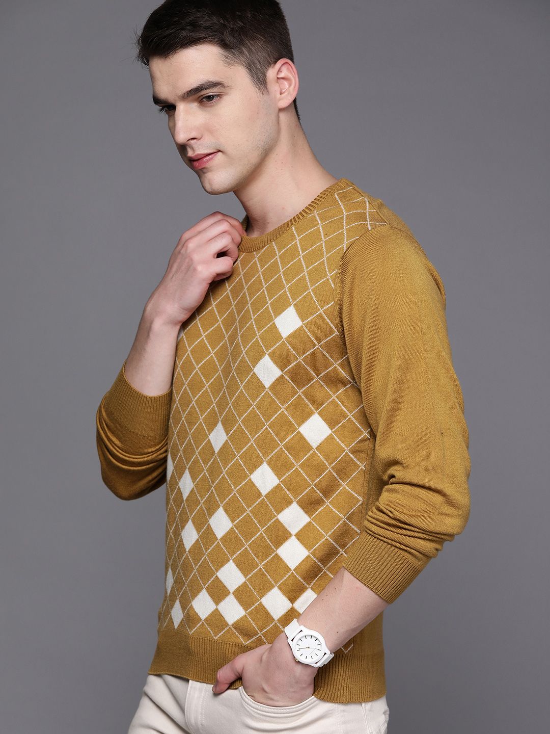 Raymond Men Mustard & White Checked Pullover