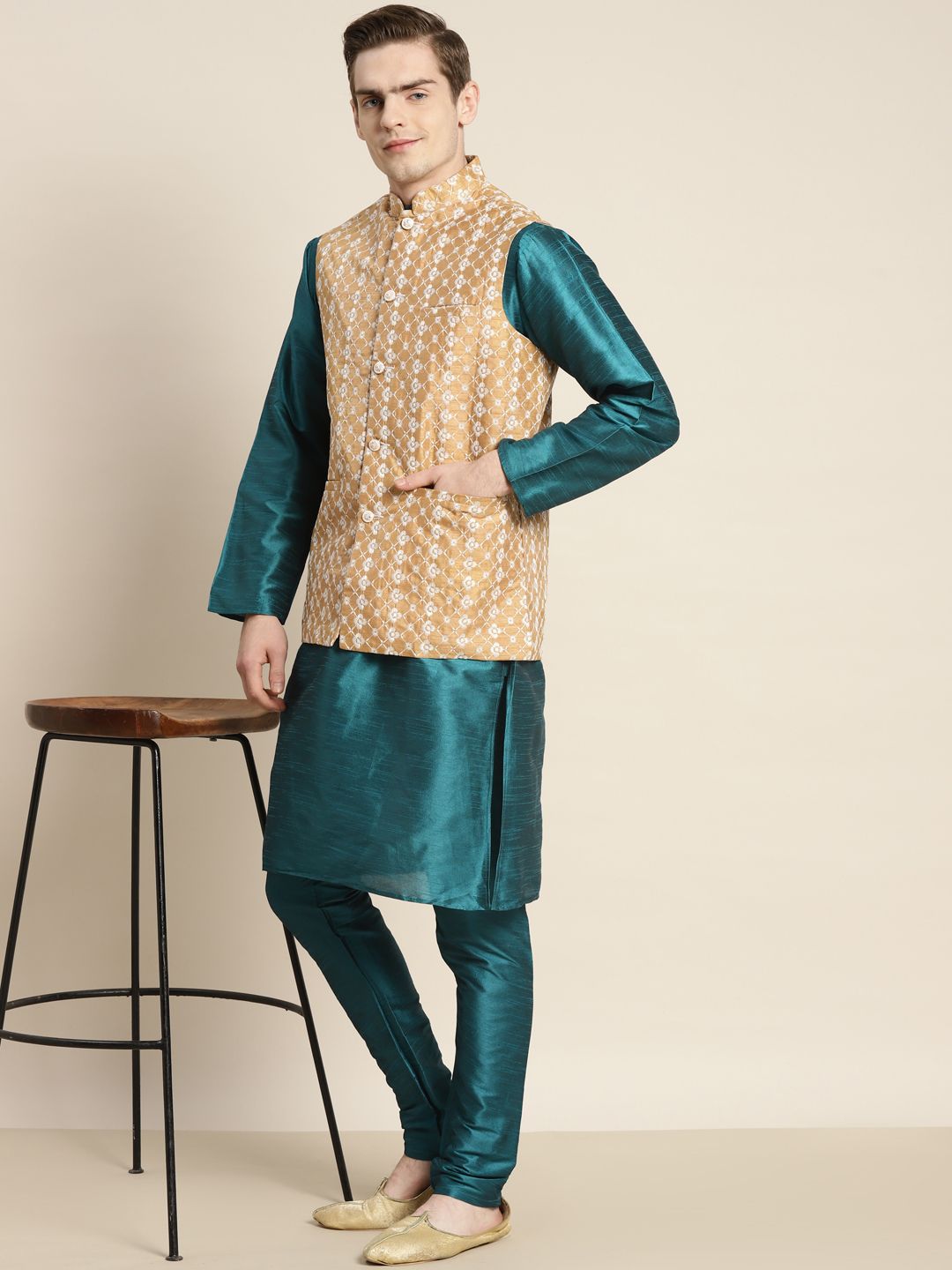 SOJANYA Lelaki Teal Motif Etnik Sulam Benang Kerja Kurta dengan Churidar