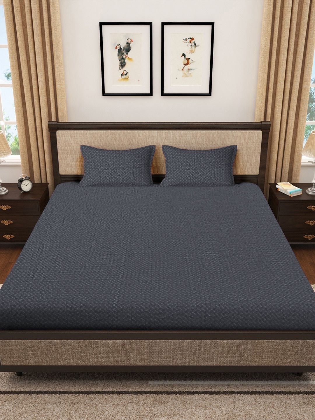 KLOTTHE Grey 300TC Woolen Double King Bedsheet With 2 Pillow Covers